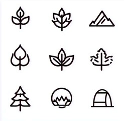Minimalist line icons of nature and outdoor elements including leaves, trees, mountains, and a tent designed for environmental and camping themes