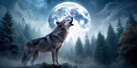 A majestic gray wolf with its mouth open in a long howl stands against a full moon night sky, surrounded by tall trees and misty fog, howling wolf, animal behavior