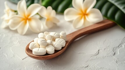White Pills in Wooden Spoon with Plumeria Flowers