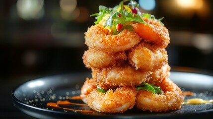 premium breaded shrimp tower, airy crispy texture, warm golden tones, polished black dish, fresh vegetable garnish, dramatic spot lighting, dark atmospheric setting, restaurant quality detail