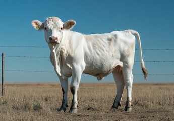 Fototapeta premium A White Calf Standing Gracefully in a Vast Pasture under a Clear Blue Sky with Fencing in the Background on a Bright Sunny Day