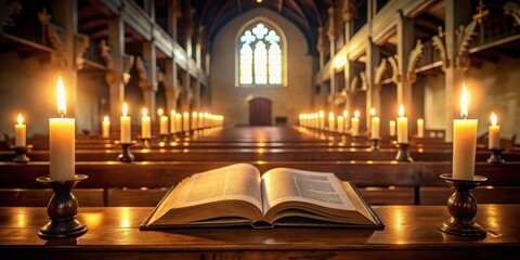 Fototapeta premium A dimly lit church with an open Holy Bible book emitting a soft glow, surrounded by candles and ornate wooden pews , glowing bible, peaceful atmosphere