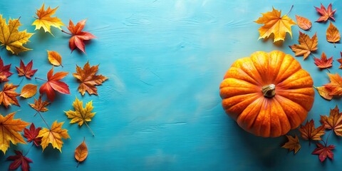 Autumnal blue background with a vibrant pumpkin and maple leaves scattered across it, evoking feelings of gratitude and harvest season , Gratitude, Harvest Season