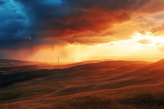 majestic wind farm stretching across rolling hills during golden hour, dramatic clouds catching sunset light