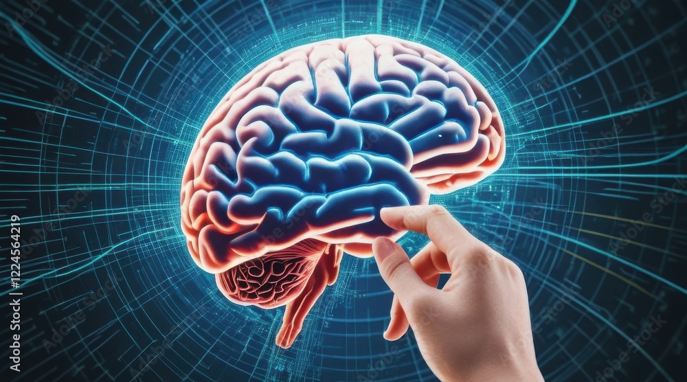 Poster 3d render of human brain with hand interaction, digital circuitry background