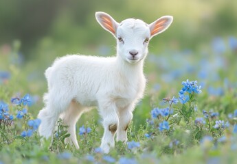 Obraz premium Adorable Baby Goat Standing Amidst Wild Blue Flowers in a Lush Green Field Under Soft Natural Light, Captivating Spring or Summer Scene