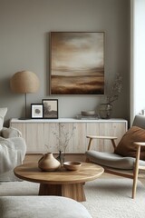 Cozy minimalist living room with earthy tones and wooden accents