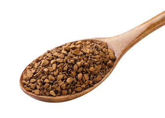 Instant coffee in a wooden plate close-up on a white background. Isolated