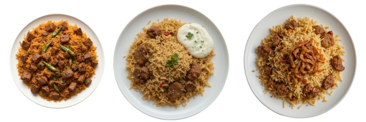 Mutton biryani with raita on a white plate