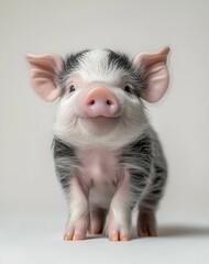 Adorable baby piglet with black and white fur, bright eyes, and a cheerful expression standing against a neutral backdrop, perfect for farm, animal, and pet themes.