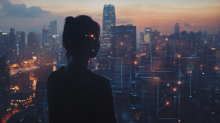 Abstract business woman stands on Smart digital Innovation city with connection network reciprocity over the twilight cityscape. of future wireless digital city and social media networking systems