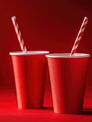 Red cups, striped straws, red background, party scene, beverage