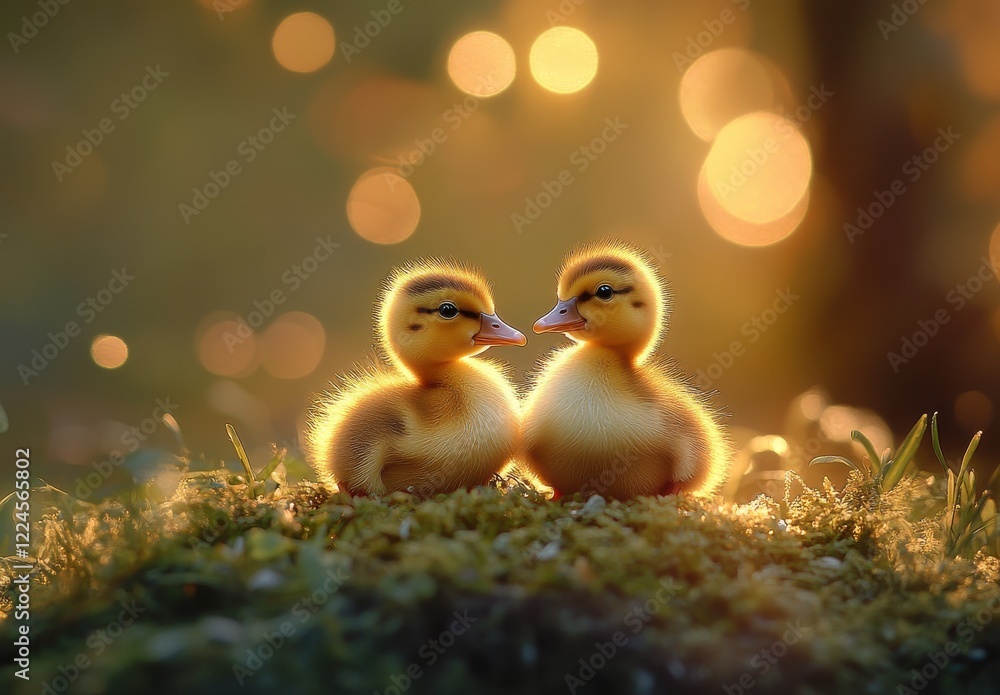 Poster adorable ducklings in soft light, capturing innocence and joy in nature with a dreamy bokeh backgrou