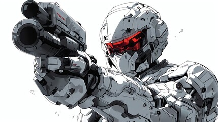 Fototapeta premium A futuristic soldier in a white mech suit, aiming a gun.