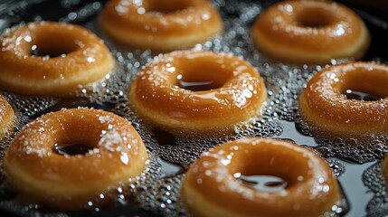premium donut cooking scene, active oil bubbles, matte black cookware, warm beige pastries, natural directional light, dramatic shadows, professional process shot, culinary technique capture, fine