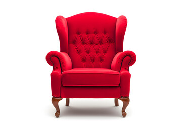 Elegant red velvet armchair with wooden legs. Santa's red velvet armchair isolated on white background
