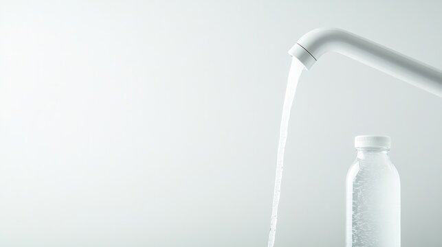Clean water flows from sleek faucet into minimalist bottle, show