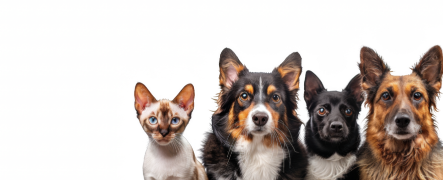 Four dogs and a cat are standing next to each other