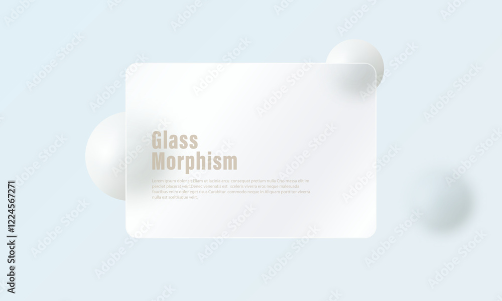 Poster landing page website template in glass morphism style. partition of transparent material with floati
