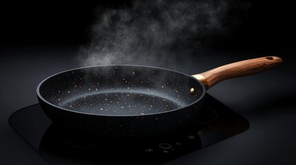 hot frying pan composition, ethereal vapor wisps, rustic wooden grip, glossy black stovetop, atmospheric steam effects, natural side lighting, dynamic cooking scene, seasoned iron texture, commercial
