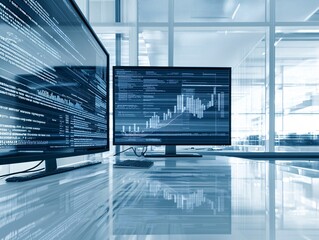 an elegant room filled with marketing analysts discussing statistical data, projections on multiple monitors, clean and polished aesthetics