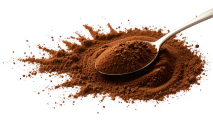 Closeup of cocoa powder and chocolate in a glass with a brown powder heap, resembling dirt or soil, with an earthy aroma, perfect for beverages like coffee or tea