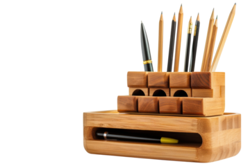 A stylish wooden desk organizer holding pencils and pens, set against a minimalist background for an elegant office aesthetic isolated on transparent background
