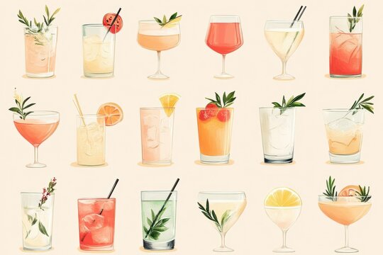 minimalist cocktail illustrations in pastel palette, featuring signature drinks with botanical garnishes arranged in grid layout