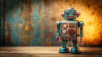 Fototapeta premium Retro metal robot toy with intricate gears and mechanical details, set against a warm vintage background , nostalgic decor, vintage toys