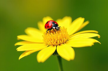 Obraz premium red ladybug on camomile flower, ladybird creeps on stem of plant in spring in garden in summer