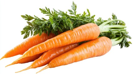 Fresh carrots with green tops, isolated on white background, healthy food