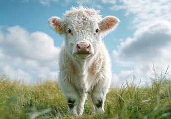 Obraz premium Adorable Young Calf Standing in a Lush Green Field Under a Bright Blue Sky with Fluffy Clouds, Capturing the Essence of Rural Life and Nature's Beauty