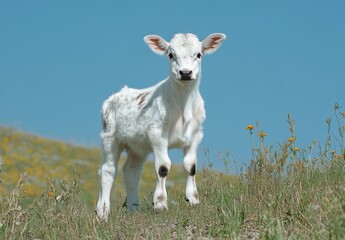Adorable young calf standing on a lush green field with wildflowers under a bright blue sky, showcasing the beauty of rural life and farm animals in nature