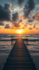 Obraz premium The wooden bridge in the sea at sunset is beautiful.