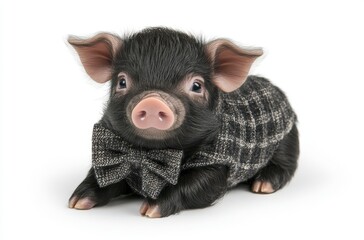 Adorable young piglet dressed in a stylish bow tie and vest, showcasing a delightful and charming character perfect for whimsical pet photography and farm-themed designs.