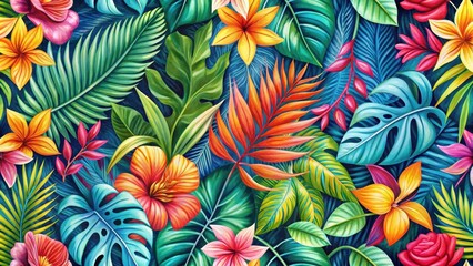 Vibrant floral patterns with multicolored leaves and branches on a seamless background, floral