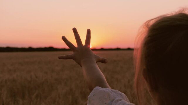 Cute little girl silhouette with hand shadow at bright sun sunset sunrise autumn wheat field closeup back view. Female kid child waving arm trying touching sunny cinematic sky meadow forest horizon