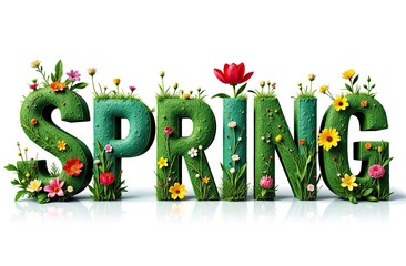 Word Spring with colorful nature images inside the letters