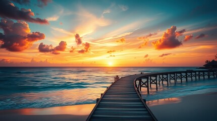 Fototapeta premium The wooden bridge in the sea at sunset is beautiful.