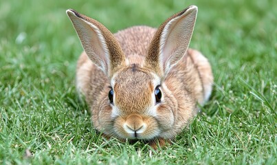 Obraz premium Brown bunny resting in green grass, looking forward, ideal for Easter or spring projects