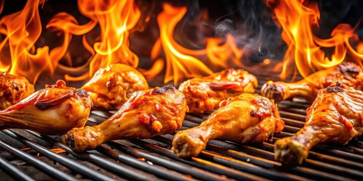Sizzling chicken legs and wings on the grill surrounded by fiery flames with a smoky atmosphere, emphasizing the cooking process and savory flavors , meat, culinary