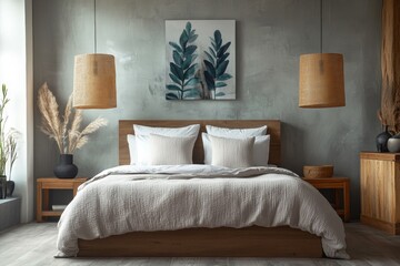 Modern minimalist bedroom with natural elements and cozy aesthetic