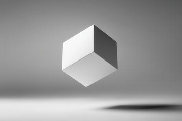 minimalist product display featuring floating geometric white cube against gradient background, subtle shadows, clean composition