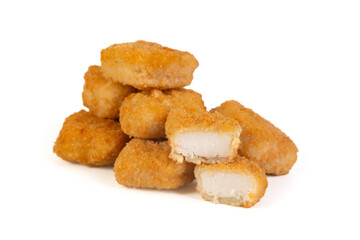 Fried chicken nuggets with crumbs isolated on white background