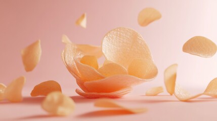 artisanal chips arrangement, blush pink background, honey-colored wafers, miniature geometric garnish, organic layout design, gentle directional lighting, premium product capture, modern aesthetic