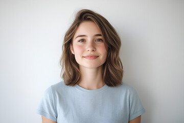 Obraz premium Serene Portrait: A young woman with shoulder-length brown hair and light freckles offers a gentle smile, exuding calmness and natural beauty. Her light blue t-shirt complements her complexion.