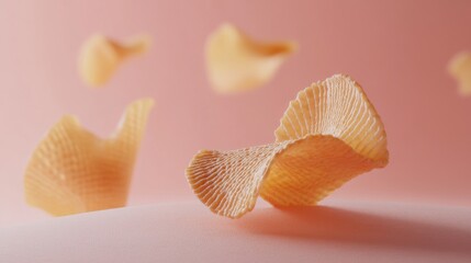 artisanal chips arrangement, blush pink background, honey-colored wafers, miniature geometric garnish, organic layout design, gentle directional lighting, premium product capture, modern aesthetic