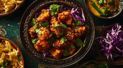 Close up elevated view of onion bhaji pakoras served with golden cabbage