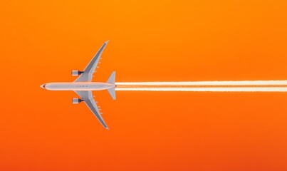 Commercial Airplane Soaring Through Vibrant Orange Sunset Sky, Leaving White Exhaust Trail Highlighted by Warm Glow, Aircraft in Flight Symbolizing Journey, Adventure, Freedom, Travel, Generative AI