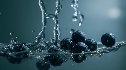 Close up locked down shot of blueberries falling into water against zink background